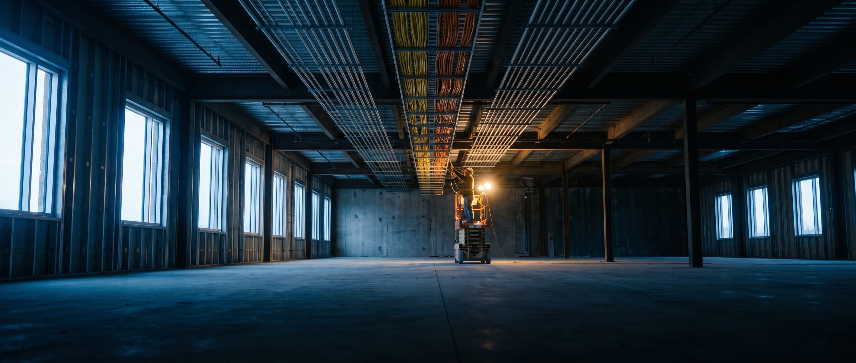 An electrician on a scissor lift runs cable in the cable tray of an unfinished building at dusk.